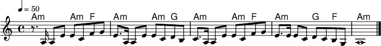 <<
    \chords {
        a2:m a4:m f4 a2:m a4:m g4 a2:m a4:m f4 a2:m g4 f4 a1:m
    }
    \relative c'' {
        \key a \minor
        \tempo 4 = 50
        r8. a,16 a8 e'8 e8 c8 f8 g8 e8. a,16 a8 e'8 e8 c8 d8 b8 c8. a16 a8 e'8 e8 c8 f8 g8 e8. e16 e8 c8 d8 c8 b8 g8 a1 \bar "|."
    }
>>


