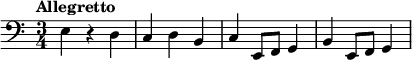 
\new staff
\relative c {
\set Staff.midiInstrument = #"cello"
\clef bass
\key a \minor
\time 3/4
\tempo "Allegretto" \tempo 4 = 110
e4 r d c d b c e,8 f g4 b e,8 f g4
}
