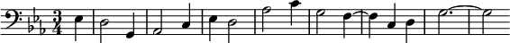  \relative c { \clef bass \key ees \major \time 3/4 \partial 4*1 ees | d2 g,4 | aes2 c4 | ees d2 | aes' c4 | g2 f4~ | f c d | g2.~ | g2 } 