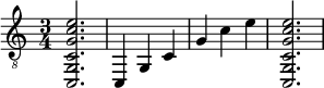  {
\clef "treble_8"
\time 3/4
<c, g, c g c' e'>2.
<c, >4
<g, >4
<c  >4
<g >4
<c' >4
<e' >4
<c, g, c g c' e'>2.
}
