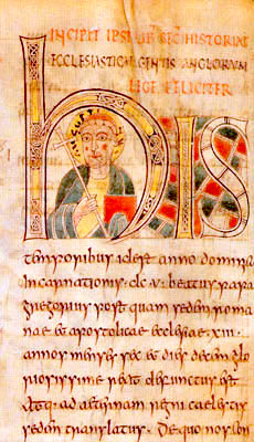 Illuminated manuscript page; most of its top half is covered by the three letters "his"; inside the arc of the "h" is a bust portrait of a haloed man carrying a red book and a cross with a long handle.