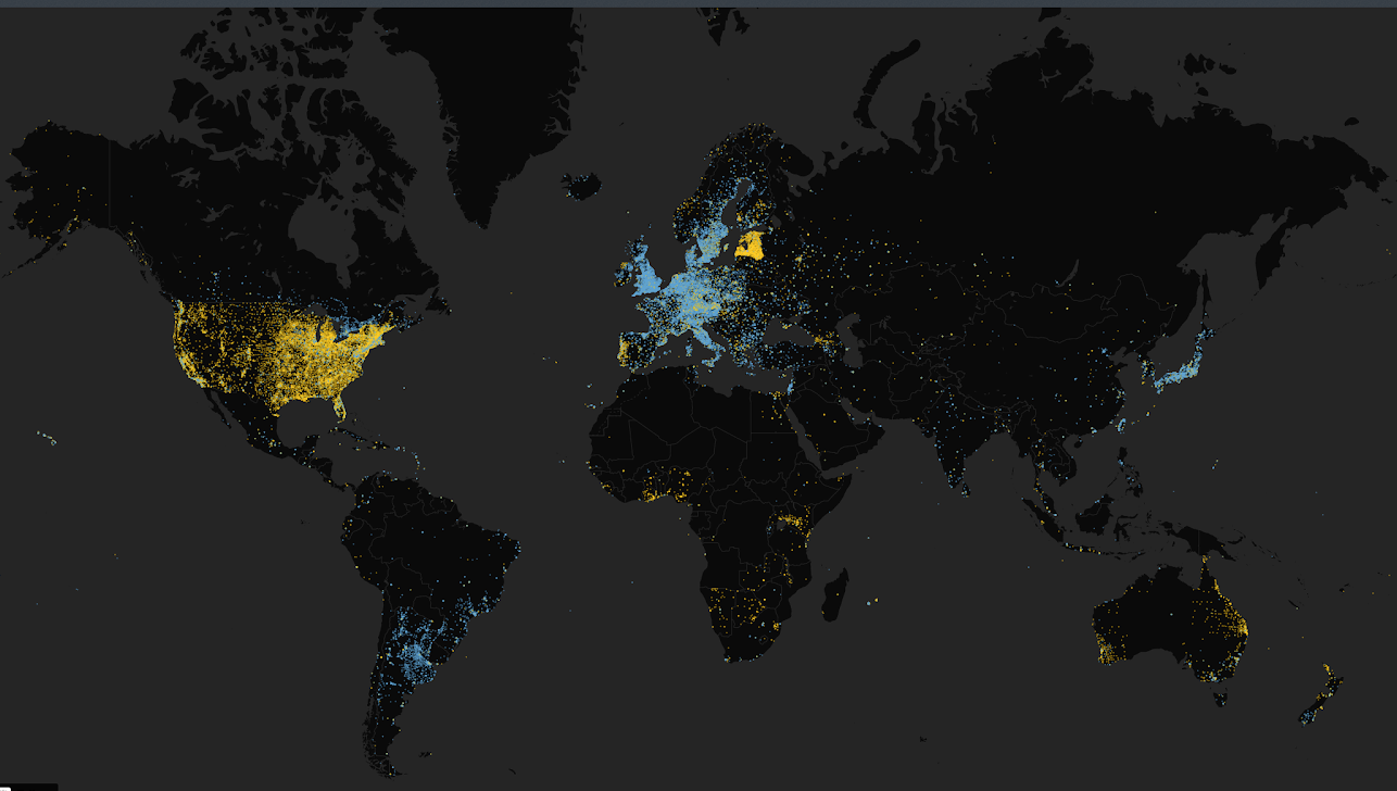 A map of over 85,000 cultural heritage institutions on Wikidata, 35,000 have been added since the beginning of the project (in yellow).