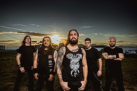 Nightrage in 2024. From left to right: Magnus Söderman, Marios Iliopoulos, Konstantinos Togas, George Stamoglou, Francisco Escalona