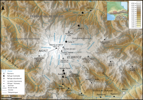 Carte topographique et animations en trois dimensions représentant l'Elbrouz.