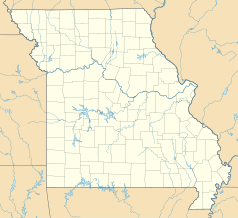 Mapa konturowa Missouri, po prawej znajduje się punkt z opisem „Webster Groves”