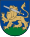 A coat of arms depicting a golden lion holding a silver-bladed sword in its mouth with a golden hilt and standing on green turf all on a blue background