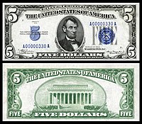 $5 Silver Certificate, Series 1934, Fr.1650, depicting Abraham Lincoln