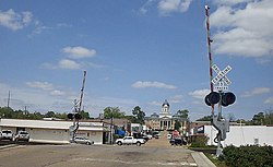 Downtown Mendenhall in April 2014; the Simpson County Courthouse is seen in the background.