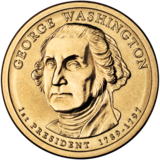 Gold coin with bust of Washington facing slightly left of but looking sternly straight at the viewer. "GEORGE WASHINGTON" is above, "1st PRESIDENT 1789–1797" below, and "JFM" in tiny letters at the bust's base.