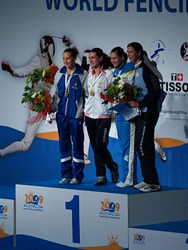 alt=Wereldkampioenschappen schermen 2009 v.l.n.r.Sherraine Schalm CAN, 2 , Ljoebov Sjoetova RUS, 1 , Anfisa Potsjkalova UKR, 3 , Sonja Tol 3