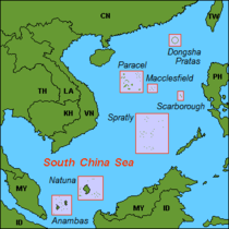 Spartlysaarten, Paracelsaarten ja Kiinan Zhongshaksi kutsumien saarten (mm. "Macclesfield") sijainti Etelä-Kiinan merellä.