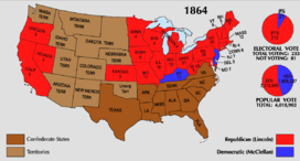 Mapa dos Estados Unidos mostrando a vitória de Lincoln em todos os estados da União, exceto Kentucky, Nova Jersei e Delaware. Os estados do sul não estam inclusos.