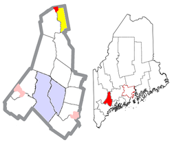 Location of Livermore Falls (in yellow) in Androscoggin County and the state of Maine