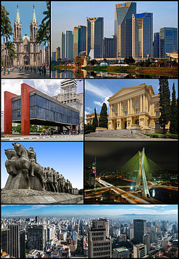 Images, from top, left to right: the Estaiada Bridge; Downtown São Paulo; Ibirapuera Park; São Paulo Museum of Art, São Paulo Cathedral; Brooklin district with office buildings alongside the Pinheiros River.