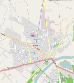 Mapa konturowa Wyszkowa, po prawej nieco na dole znajduje się punkt z opisem „Parafia pw. św. Idziegow Wyszkowie”