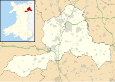 Mapa konturowa Wrexham, blisko centrum u góry znajduje się punkt z opisem „Wrexham”