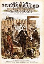 Titelblatt von Frank Leslie's Illustrated Newspaper vom 18. September 1873. Es karikiert Friedensunterhändler, die den sich abwendenden Indianern „belüftete“ Decken, leere Gewehrkisten und stinkendes Fleisch anbieten.