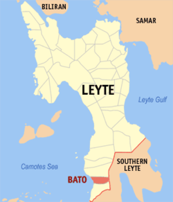 Mapa ng Leyte na nagpapakita sa lokasyon ng Bato.