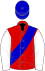 Red, blue sash, white sleeves, blue cap