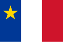 The Acadian flag used in Canada is based on the tricolour flag of France, but this flag was never used during French rule of Acadia. It was adopted in 1884. Acadians live mainly in Louisiana, New Brunswick, Prince Edward Island and Nova Scotia.