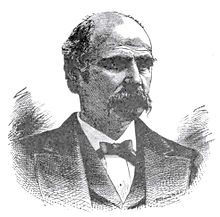 An engraving of a man with a mustache in a suit and tie