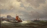 Fishing boat and a steamer off a Rocky Coast (1870)