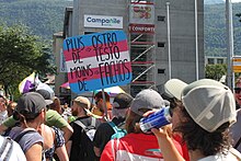 Photograhie de manifestation. Sur une pancarte, dont le fond est le drapeau trans "plus d'oestro, plus de testo, moins de facho".