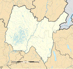 Mapa konturowa Ain, blisko centrum na lewo u góry znajduje się punkt z opisem „Bourg-en-Bresse”