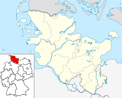 Mapa konturowa Szlezwika-Holsztynu, u góry nieco na lewo znajduje się punkt z opisem „Bredstedt”