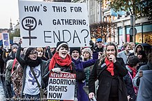 Women carrying placards saying «Abortion Rights Now»