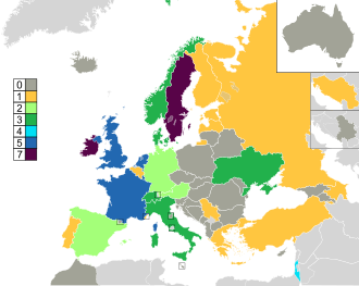 Χάρτης των χωρών της Ευρώπης, της Βόρειας Αφρικής και της Δυτικής Ασίας, με την προσθήκη της Αυστραλίας και της Γιουγκοσλαβίας πάνω-δεξιά, χρωματισμένος για να δείξει τις νίκες της κάθε χώρας: χώρες με καμία νίκη είναι χρωματισμένες με σκούρο γκρι, ενώ άλλες χώρες είναι χρωματισμένες με τα ακόλουθα: 1 νίκη στο κίτρινο, 2 νίκες στο ανοιχτό πράσινο, 3 νίκες στο neon πράσινο; 4 νίκες στο γαλαζοπράσινο; 5 νίκες στο μπλε; 6 νίκες στο μωβ; 7 νίκες στο ακούρο μωβ