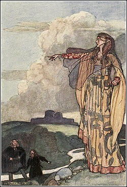 Macha maudit les hommes d'Ulster, illustration par Stephen Reid, The Boys' Cuchulainn, Eleanor Hul, 1904.