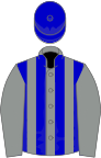 Grey, blue stripes on body, blue cap