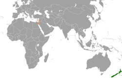 Map indicating locations of New Zealand and Palestine