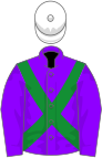 Violet, green cross-belts, white cap