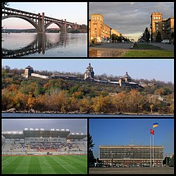 Top left: Preobrazhensky Bridge over Dnieper river, Top right: Lenin Avenue, Middle: Khortytsya island and Dnieper river, Bottom left: Slavutych Arena, Bottom right: Zaporizhia Region Administration building