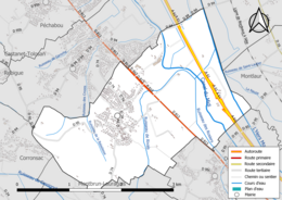 Carte en couleur présentant le réseau hydrographique de la commune