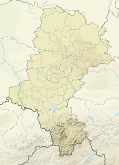 Mapa konturowa województwa śląskiego, po lewej znajduje się punkt z opisem „miejsce bitwy”