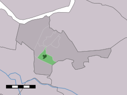 The village centre (dark green) and the statistical district (light green) of Nijkerkerveen in the municipality of Nijkerk.