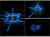 Computer-generated event display of protons hitting a tungsten block just upstream of CMS on the first beam day, September 2008