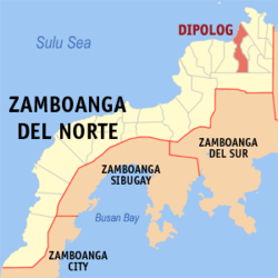 Mapa ng Zamboanga del Norte na nagpapakita ng lokasyon ng Dipolog.