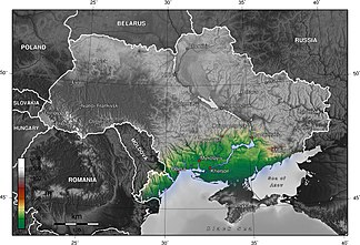 Die Schwarzmeersenke hervorgehoben auf einer topografischen Karte der Ukraine