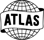 logo d'Atlas : un bandeau marqué Atlas au-dessus d'un cercle représentant la Terre avec les longitudes et latitudes