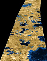 Kunstmatig gekleurde radaropname van een merenlandschap op Titan, dicht bij de noordpool, bron: NASA/JPL-Caltech, USGS