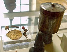 Jaulian silver Buddhist reliquary, with content. British Museum.