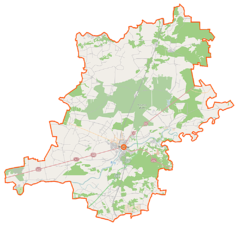 Mapa konturowa powiatu wyszkowskiego, blisko centrum na dole znajduje się punkt z opisem „Parafia pw. św. Idziegow Wyszkowie”