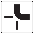 Sign indicating the route of priority road (thick line) at an intersection and defining the priority