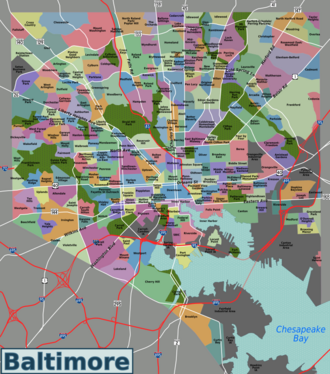 Carte colorée de Baltimore et de ses environs.