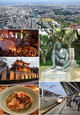 Clockwise from top: Downtown Tainan, statue of Yoichi Hatta, THSR Tainan Station, danzai noodles, Fort Provintia, beehive firework in Yanshuei