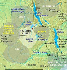 Map of the Kazembe kingdom, larger than and west of the Bemba kingdom